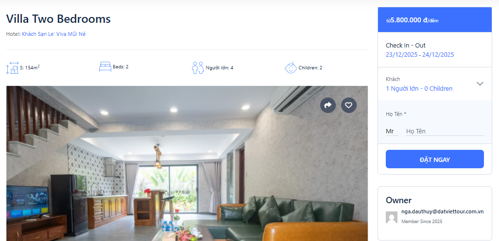 Giao diện bảng giá phòng của khách sạn bạn chọn