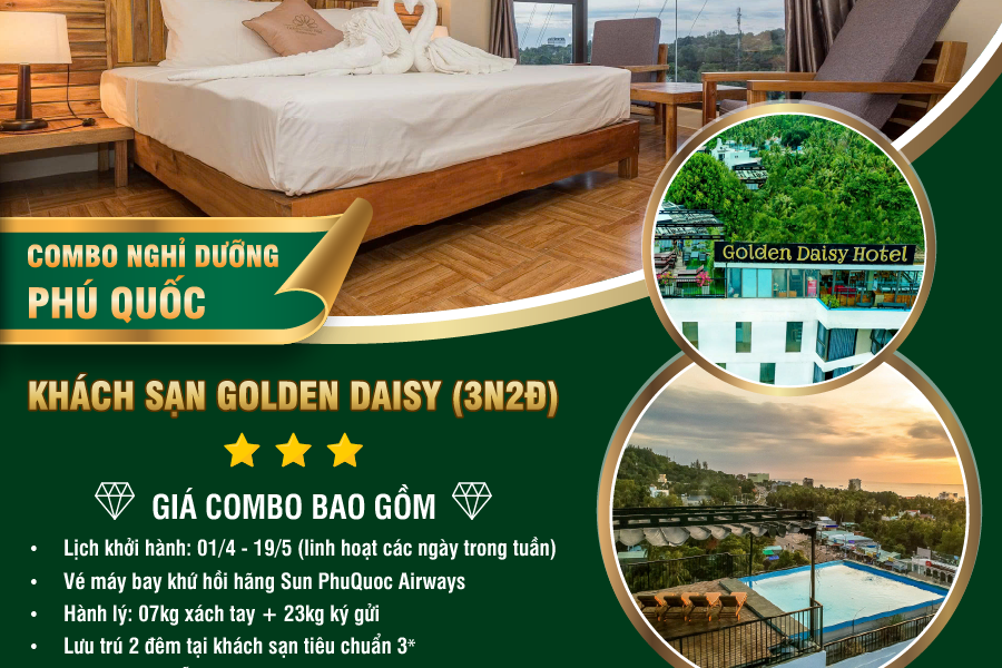 COMBO 3N2Đ SÀI GÒN – PHÚ QUỐC | VÉ MÁY BAY SUNPHUQUOC AIRWAYS + KHÁCH SẠN GOLDEN DAISY 3 SAO