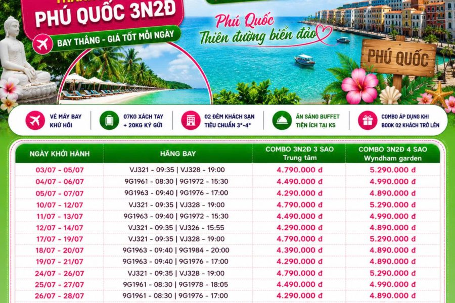 COMBO 3N2Đ THÁNG 7 SÀI GÒN – PHÚ QUỐC | VÉ MÁY BAY VIETJET AIRS/SUNPHUQUOC AIRWAYS+ KHÁCH SẠN 4 SAO WYNDHAM GARDEN