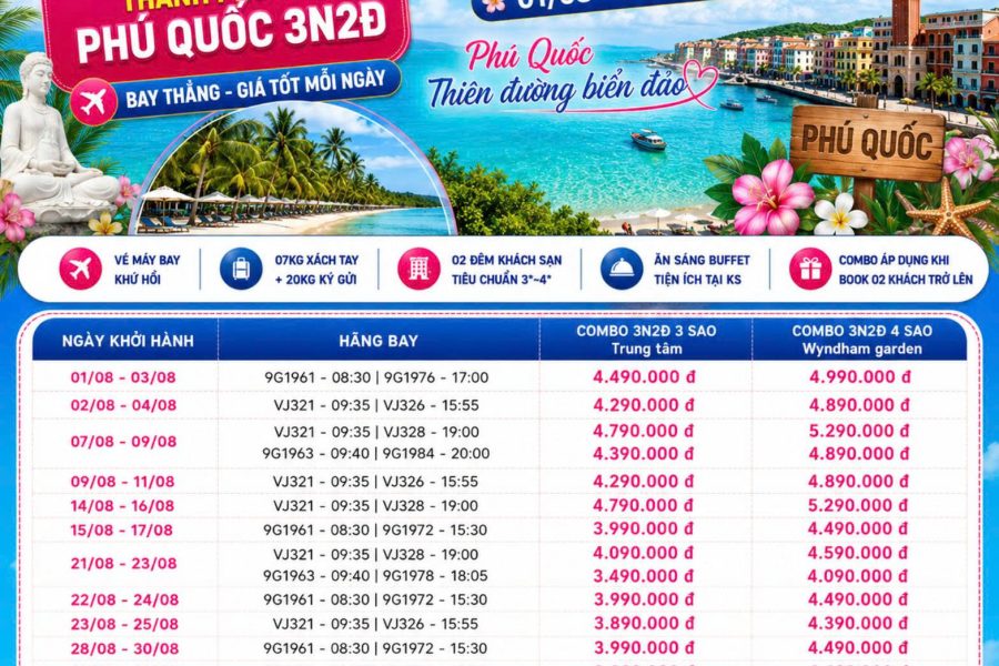 COMBO 3N2Đ THÁNG 8 SÀI GÒN – PHÚ QUỐC | VÉ MÁY BAY VIETJET AIRS/SUNPHUQUOC AIRWAYS+ KHÁCH SẠN 4 SAO WYNDHAM GARDEN