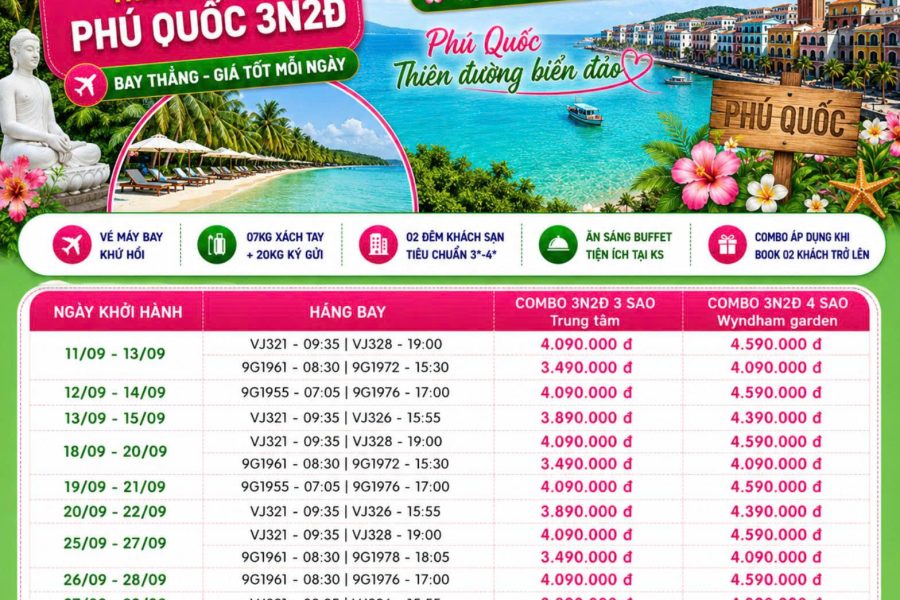 COMBO 3N2Đ THÁNG 9 SÀI GÒN – PHÚ QUỐC | VÉ MÁY BAY VIETJET AIRS/SUNPHUQUOC AIRWAYS+ KHÁCH SẠN 4 SAO WYNDHAM GARDEN