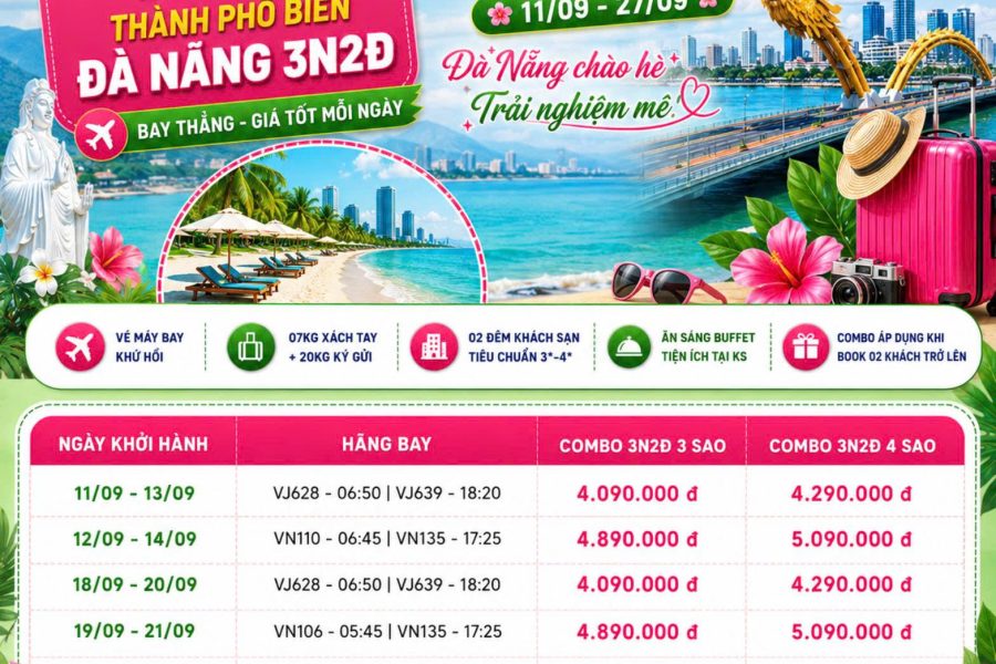 COMBO 3N2Đ THÁNG 9 SÀI GÒN – ĐÀ NẴNG | VÉ MÁY BAY VIETJET AIR/VIETNAM AIRLINES + KHÁCH SẠN 4 SAO