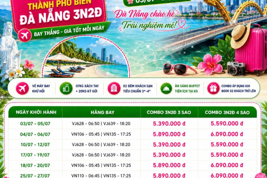 COMBO 3N2Đ THÁNG 7 SÀI GÒN – ĐÀ NẴNG | VÉ MÁY BAY VIETJET AIR/VIETNAM AIRLINES + KHÁCH SẠN 4 SAO
