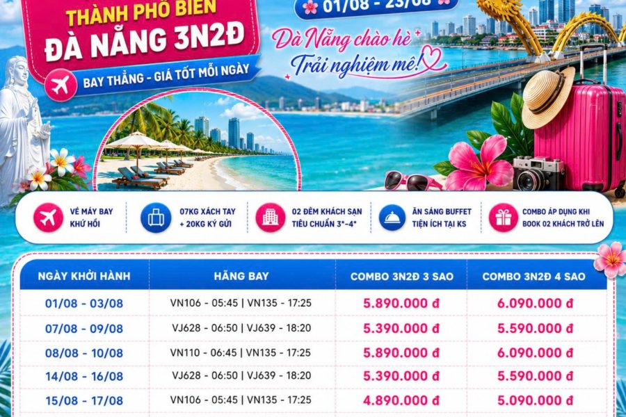 COMBO 3N2Đ THÁNG 8 SÀI GÒN – ĐÀ NẴNG | VÉ MÁY BAY VIETJET AIR/VIETNAM AIRLINES + KHÁCH SẠN 4 SAO