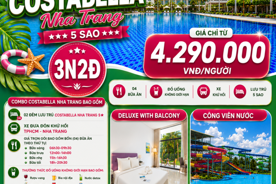 COMBO 3N2Đ COSTABELLA NHA TRANG 5 SAO | GÓI COMBO: 04 BỮA ĂN + ĐỒ UỐNG KHÔNG GIỚI HẠN + XE KHỨ HỒI + LƯU TRÚ