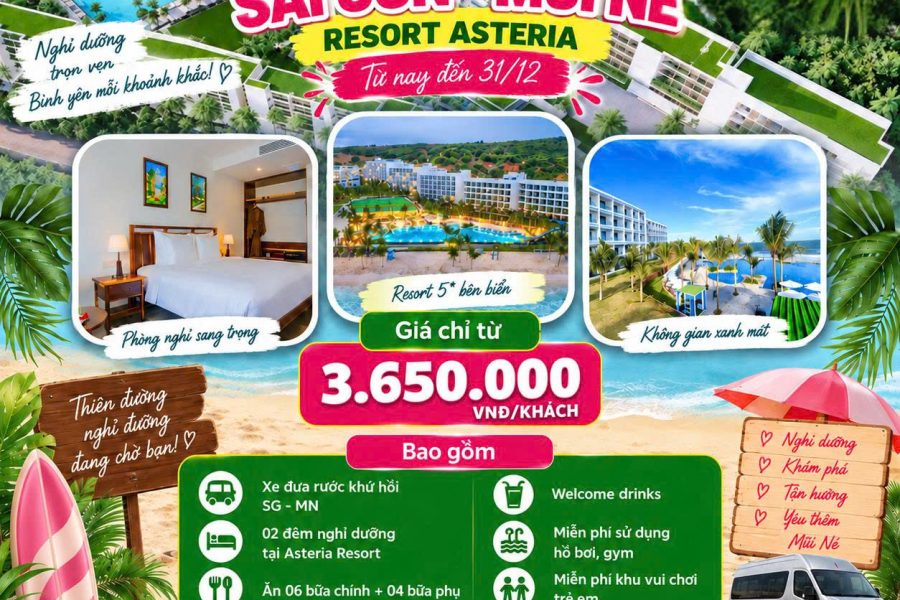 COMBO 3N2Đ RESORT ASTERIA MŨI NÉ 5 SAO| GÓI COMBO: XE KHỨ HỒI + LƯU TRÚ + CÁC BỮA ĂN