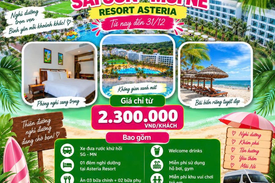 COMBO 2N1Đ RESORT ASTERIA MŨI NÉ 5 SAO | GÓI COMBO: XE KHỨ HỒI+ LƯU TRÚ+ CÁC BỮA ĂN